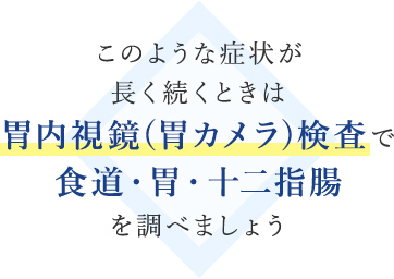 このような症状が 長く続くときは 胃内視鏡(胃カメラ)検査で 食道・胃・十二指腸 を調べましょう